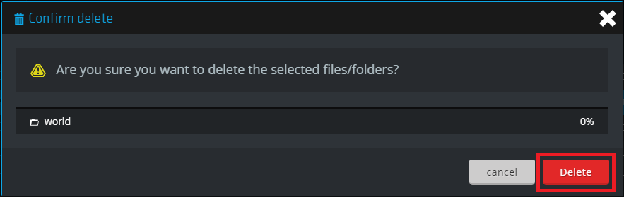 NodePanel's confirmation window to delete a world folder for a Minecraft server