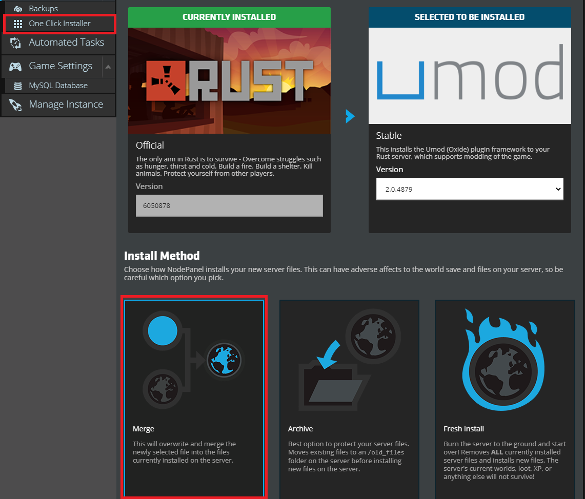 Installing uMod to a Rust server within NodePanel's One Click Installer