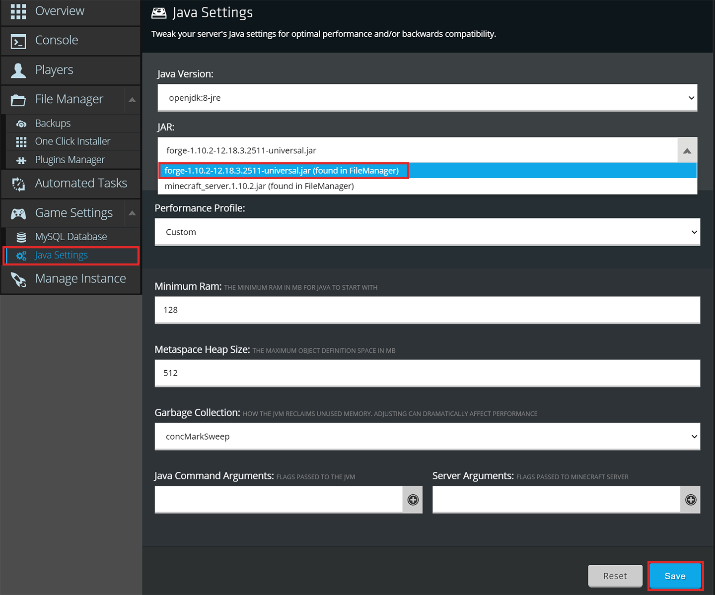 The Java Settings section of the NodePanel with the correct Forge jar file selected from the drop-down menu