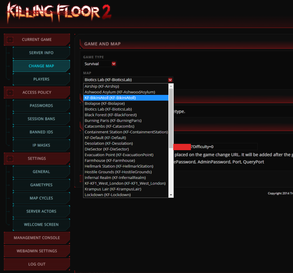 The WebAdmin for KF2 showing that KF-BikiniAtoll is a viable map to change the server too