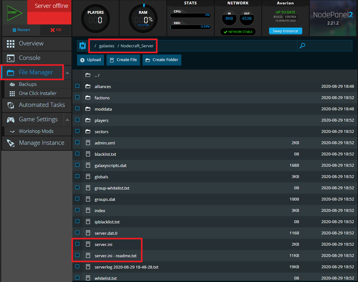 The location of Avorion's server.ini file on a Nodecraft Server