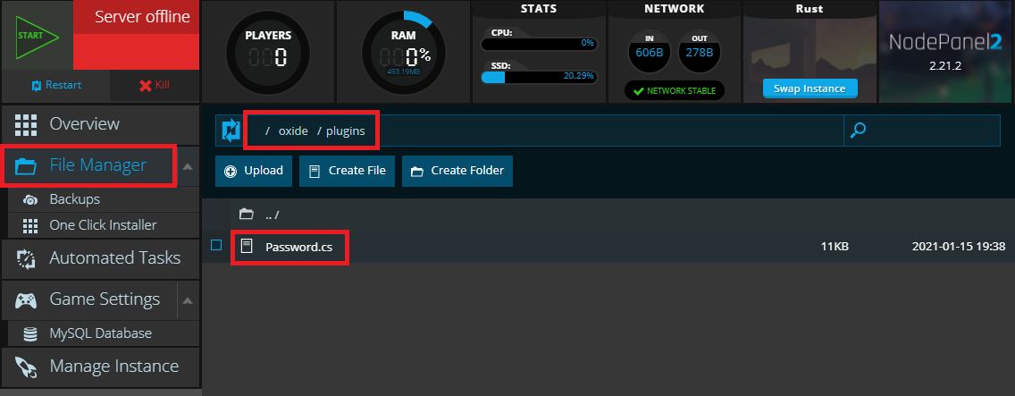 Uploading the password plugin to a Rust server within NodePanel