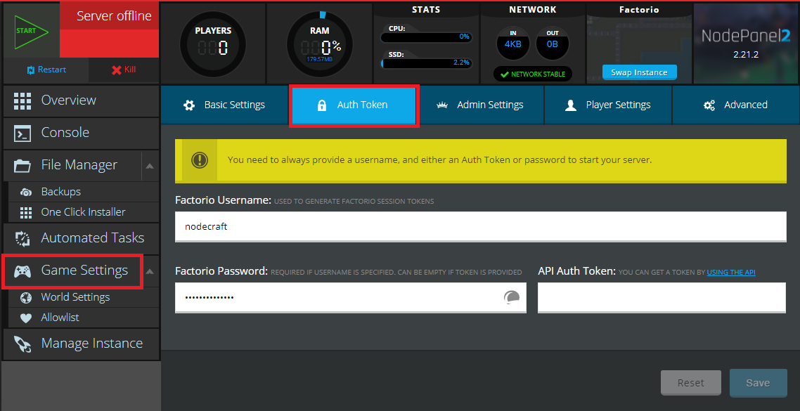 The Nodecraft Control Panel for Factorio, showing where you add your API Key in the Game Settings - Auth Token tabs.