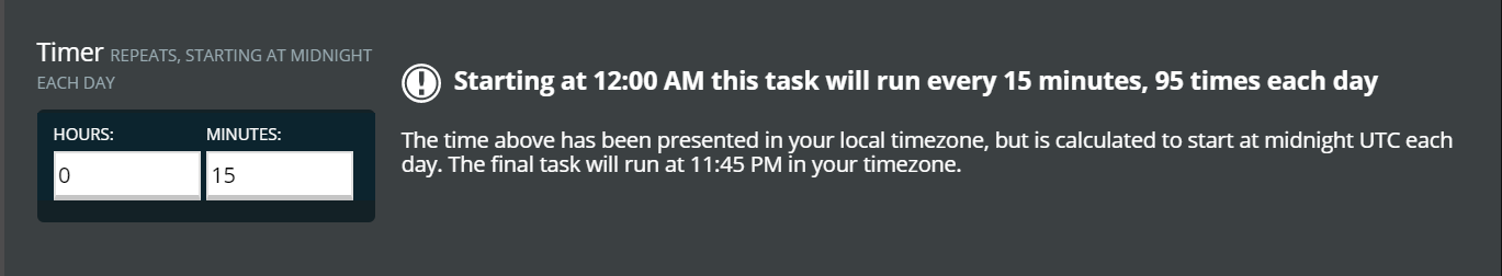 A view of the task timer subpanel for automated tasks on the Nodecraft control panel