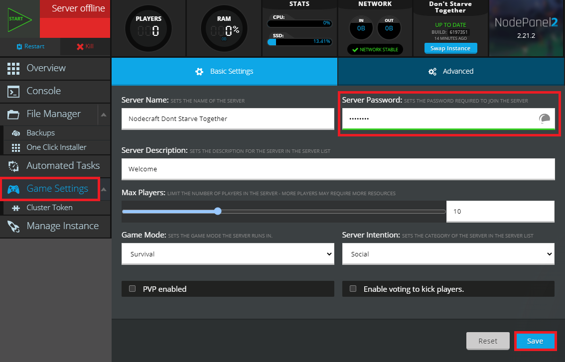 Adding a password for Don't Starve Together server in NodePanel