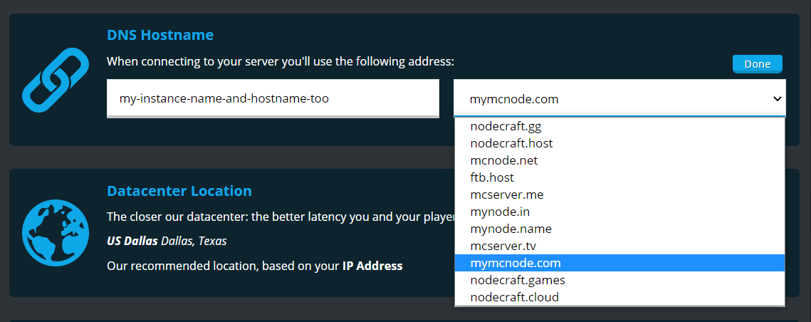 A view of the hostname being edited on the Nodecraft control panel new instance creation process