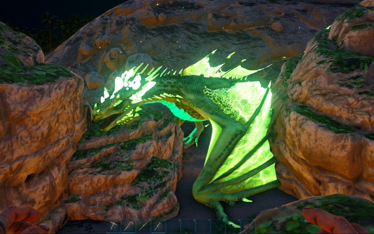 A view of a crystal wyvern at night