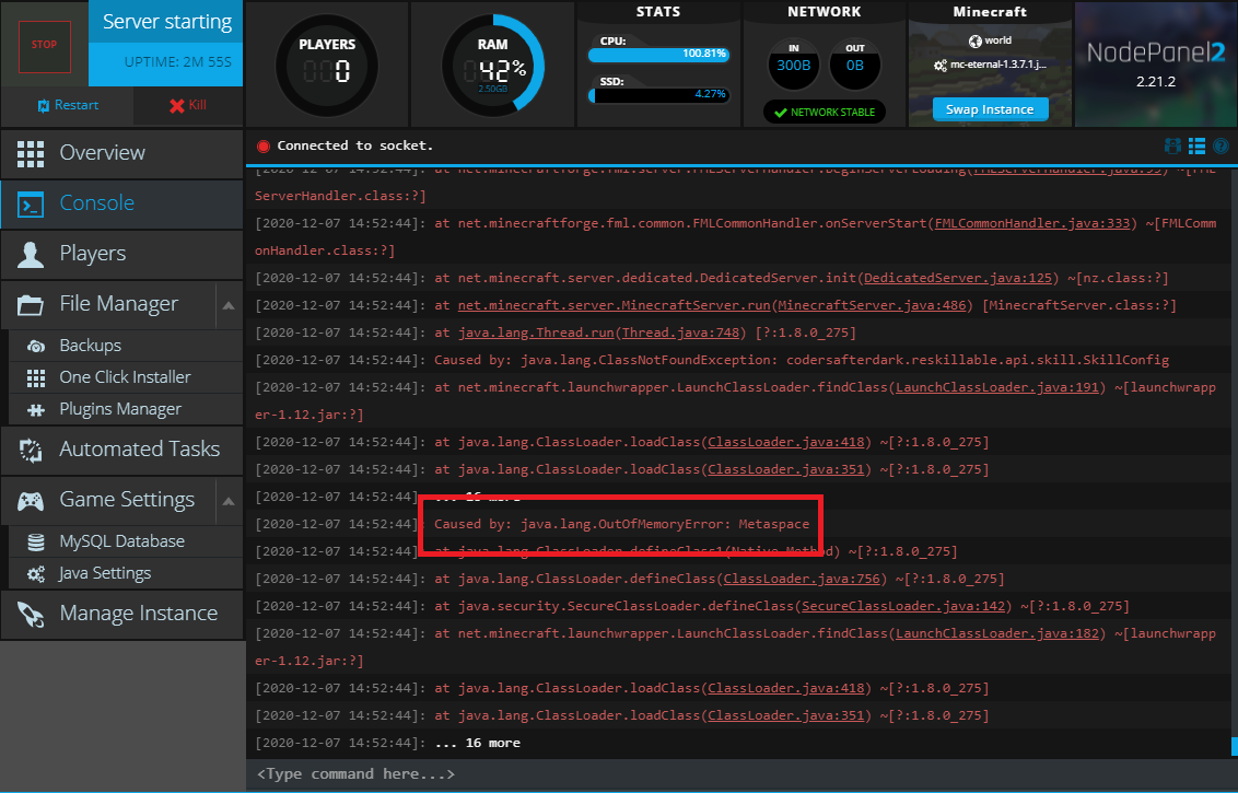 The NodePanel Minecraft Console showing the OutOfMemory Metaspace error