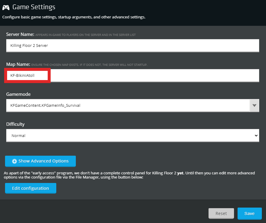 The Game Settings tab for KF2 using a Custom Map for the Map Name