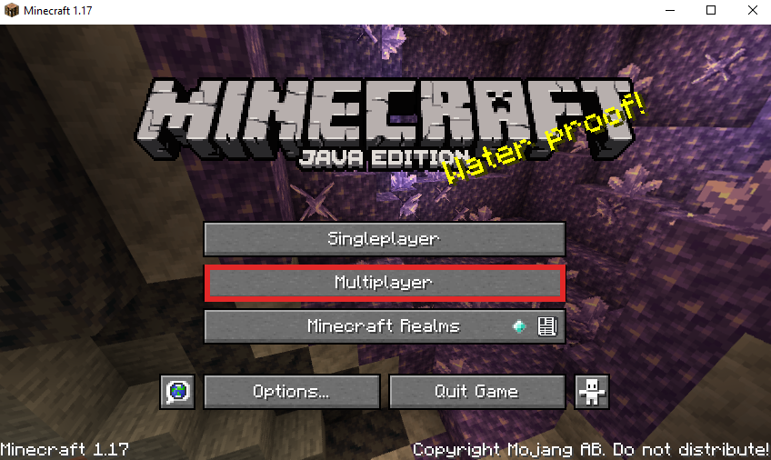 Minecraft Client for 1.17 highlighting the Multiplayer button