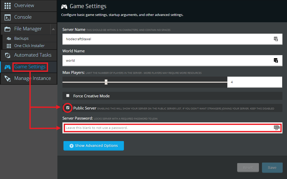 A view of the game settings page of the Nodecraft control panel for Staxel.