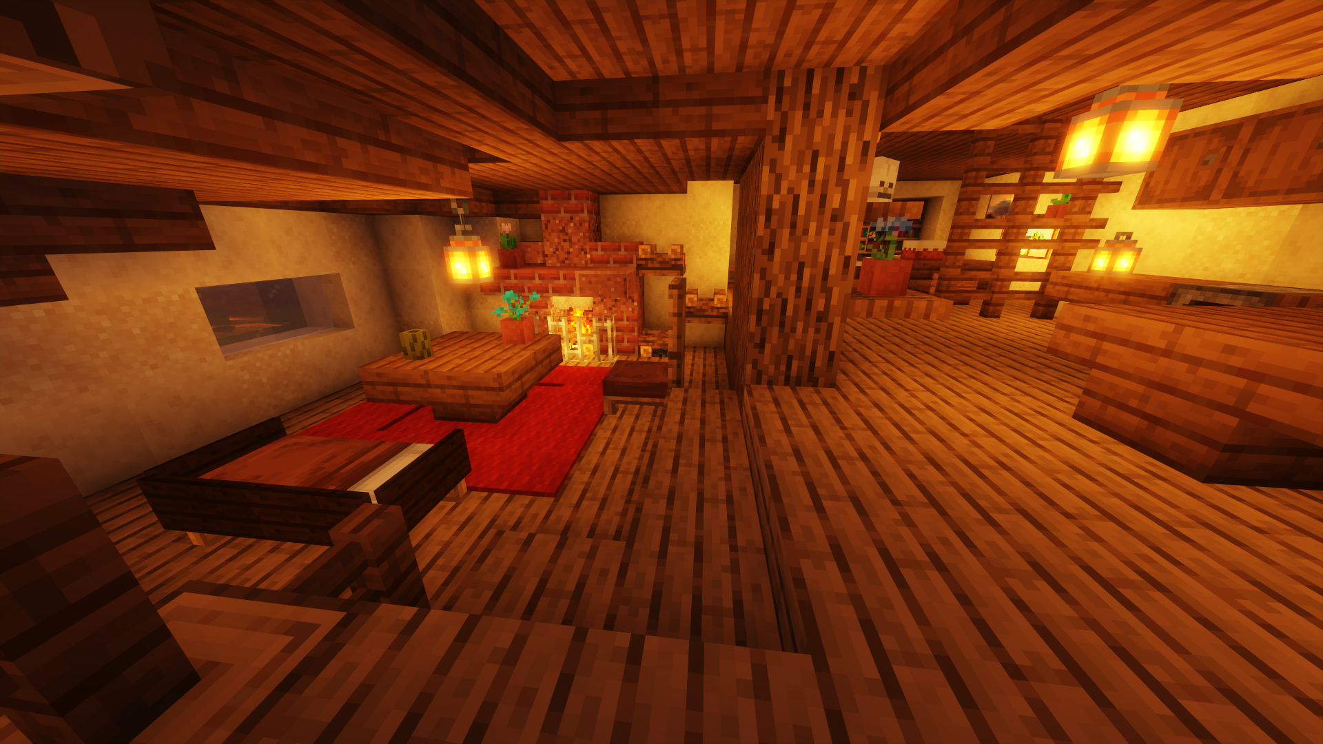 Minecraft screenshot with warm lighting, featuring a cozy living room with a conversation pit and fireplace.