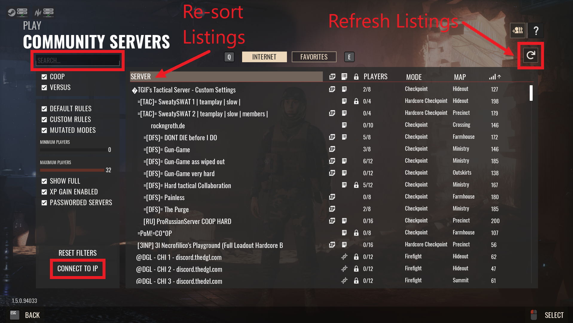 A view of the Community server listings of Insurgency Sandstorm