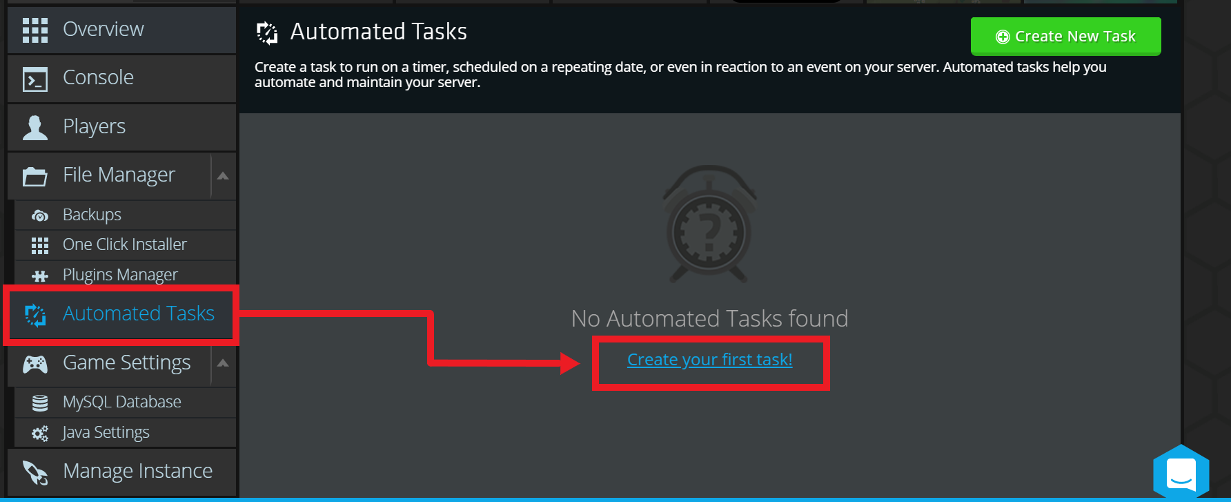 The Nodecraft control panel, NodePanel, showing the automated tasks button, and creating your first automated task