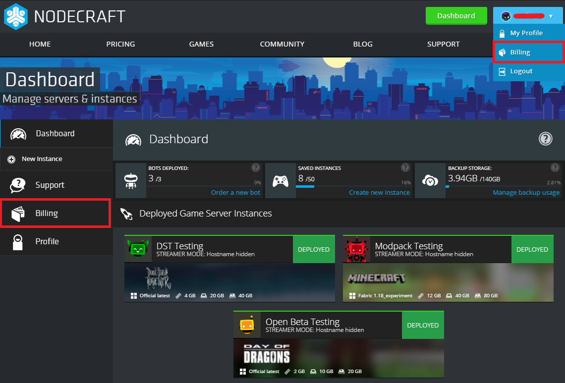 Location of your Billing in your Dashboard on Nodecraft