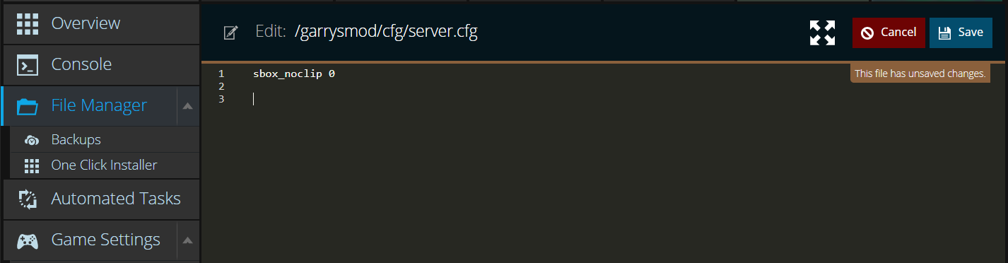 A view of the server.cfg file for a garrysmod server, showing noclip being disabled