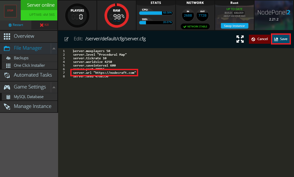 The server.url setting for a Rust server in NodePanel