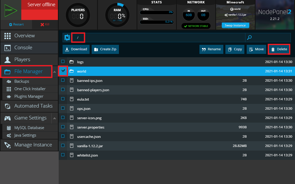 Deleting the world folder for a Minecraft server within NodePanel