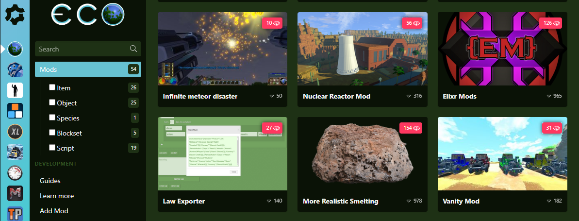 A view of the mod listings for the game eco, on the site Mod.io