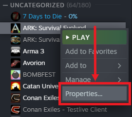 A view of the control panel UI for steam, showing how to view the properties for Ark