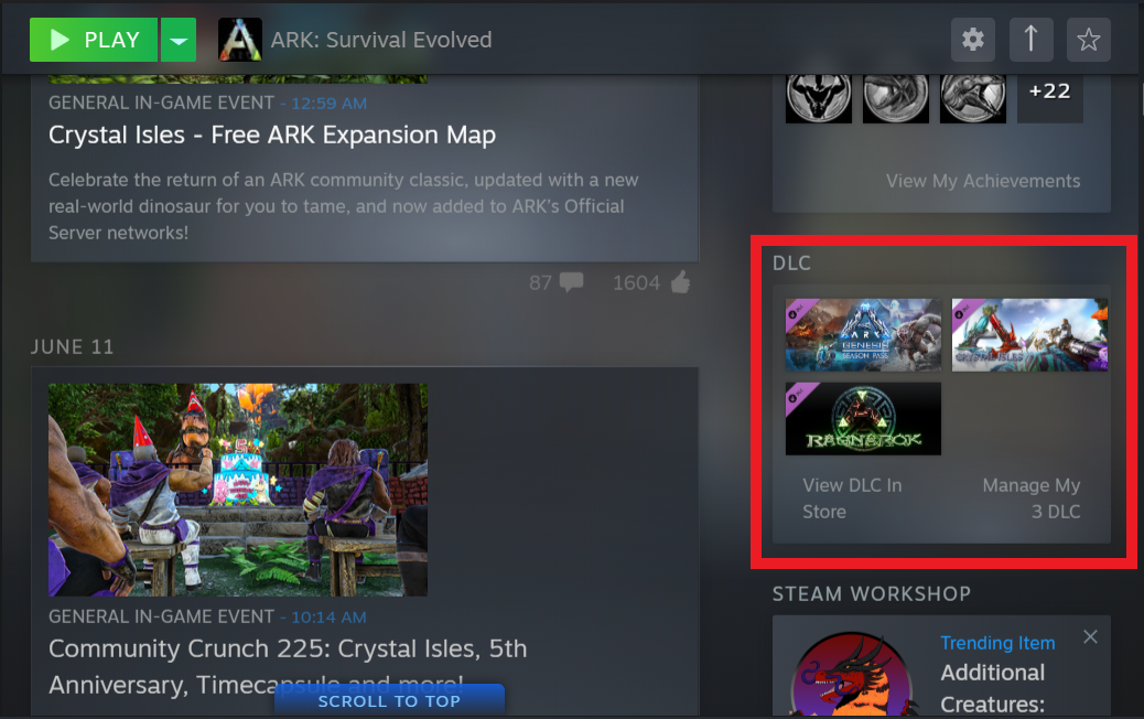 A view of the DLC section of the main page for ARK survival evolved on steam