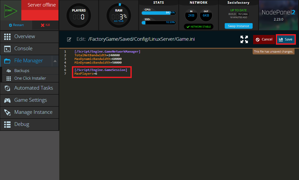 Increasing the Max Players setting for a Satisfactory server in NodePanel