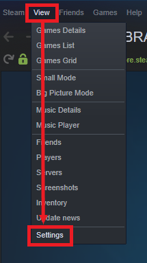 A view of Steam's Launcher, showing how to reach the settings page