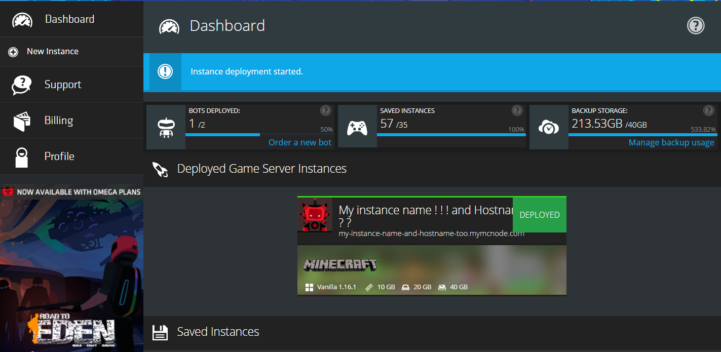 A newly created server showing on the dashboard of the Nodecraft control panel