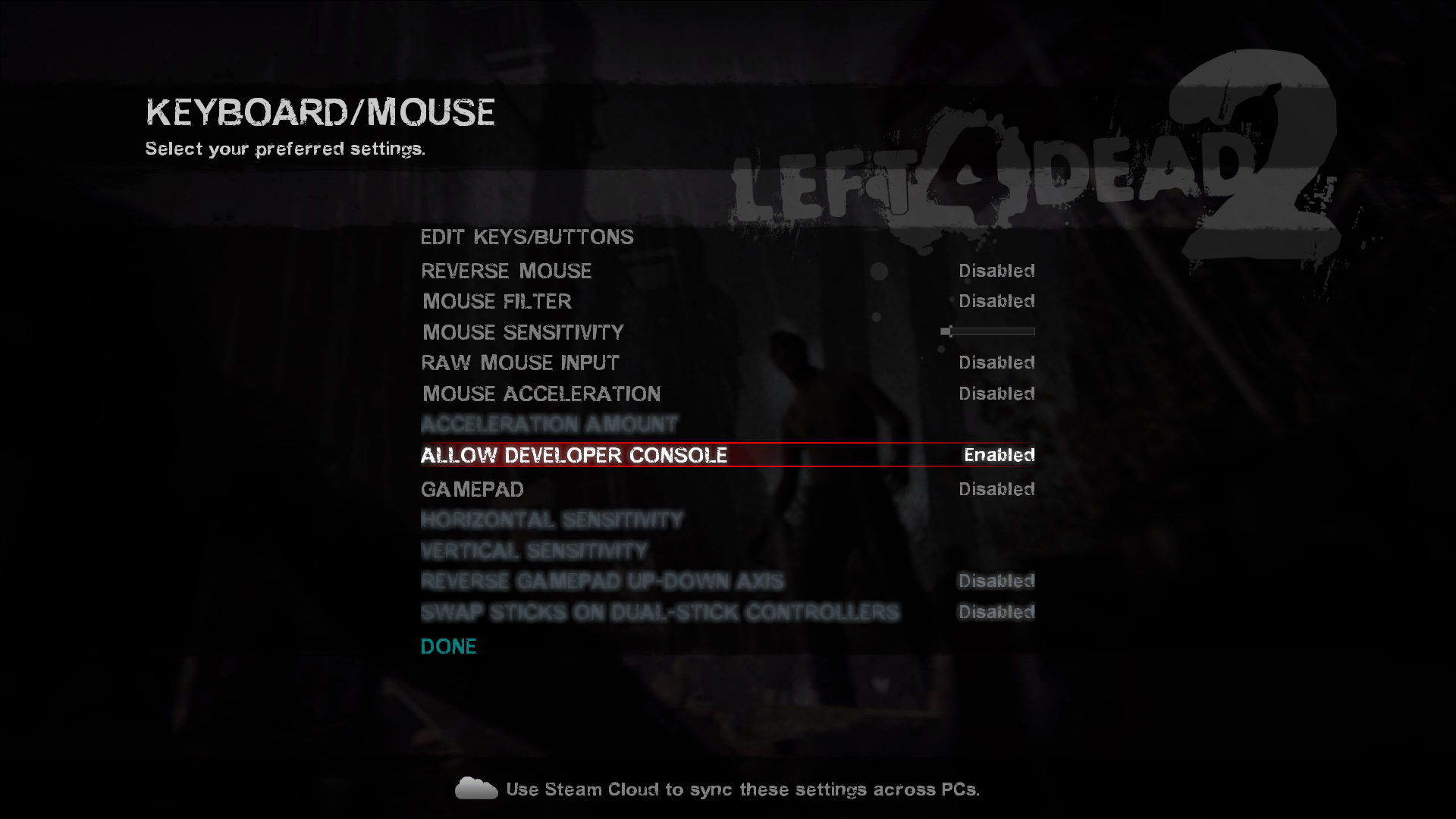 Enabling the Developer Console in Left 4 Dead 2's Keyboard/Mouse settings.