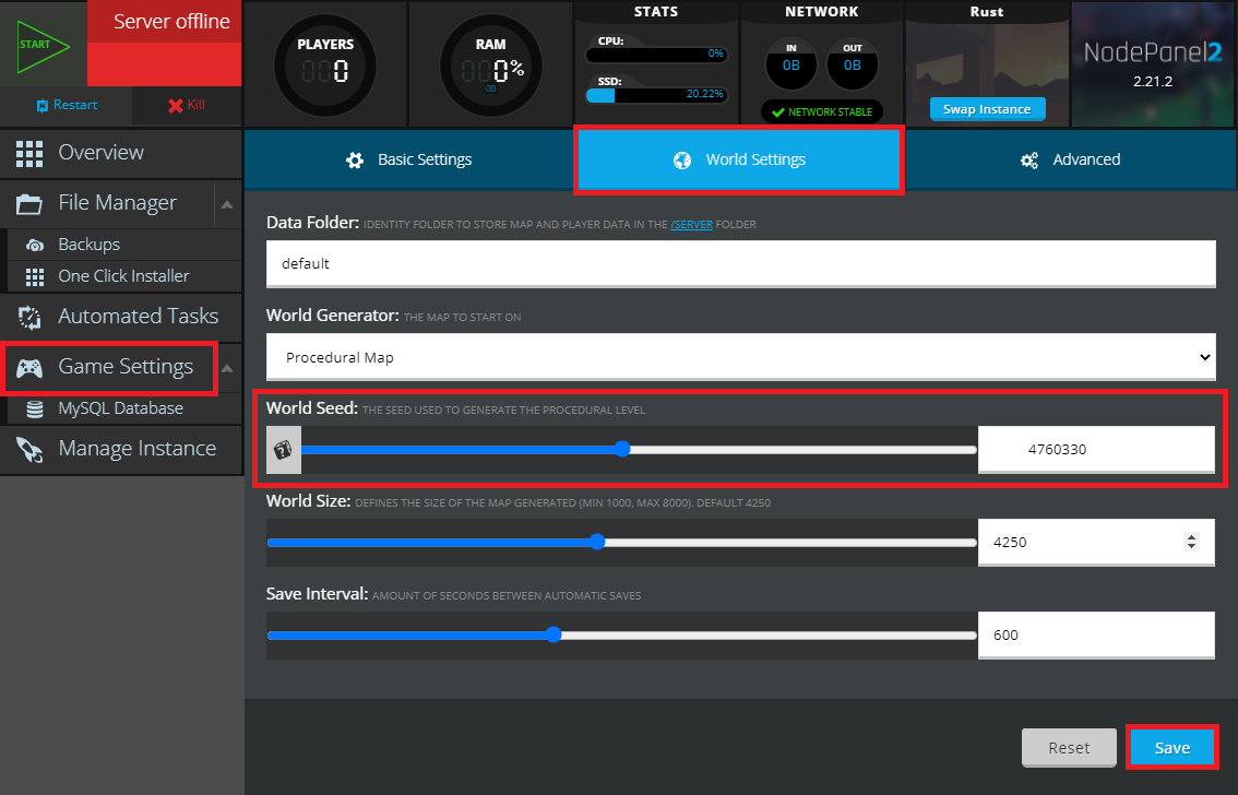 World seed gui in NodePanel for a Rust server