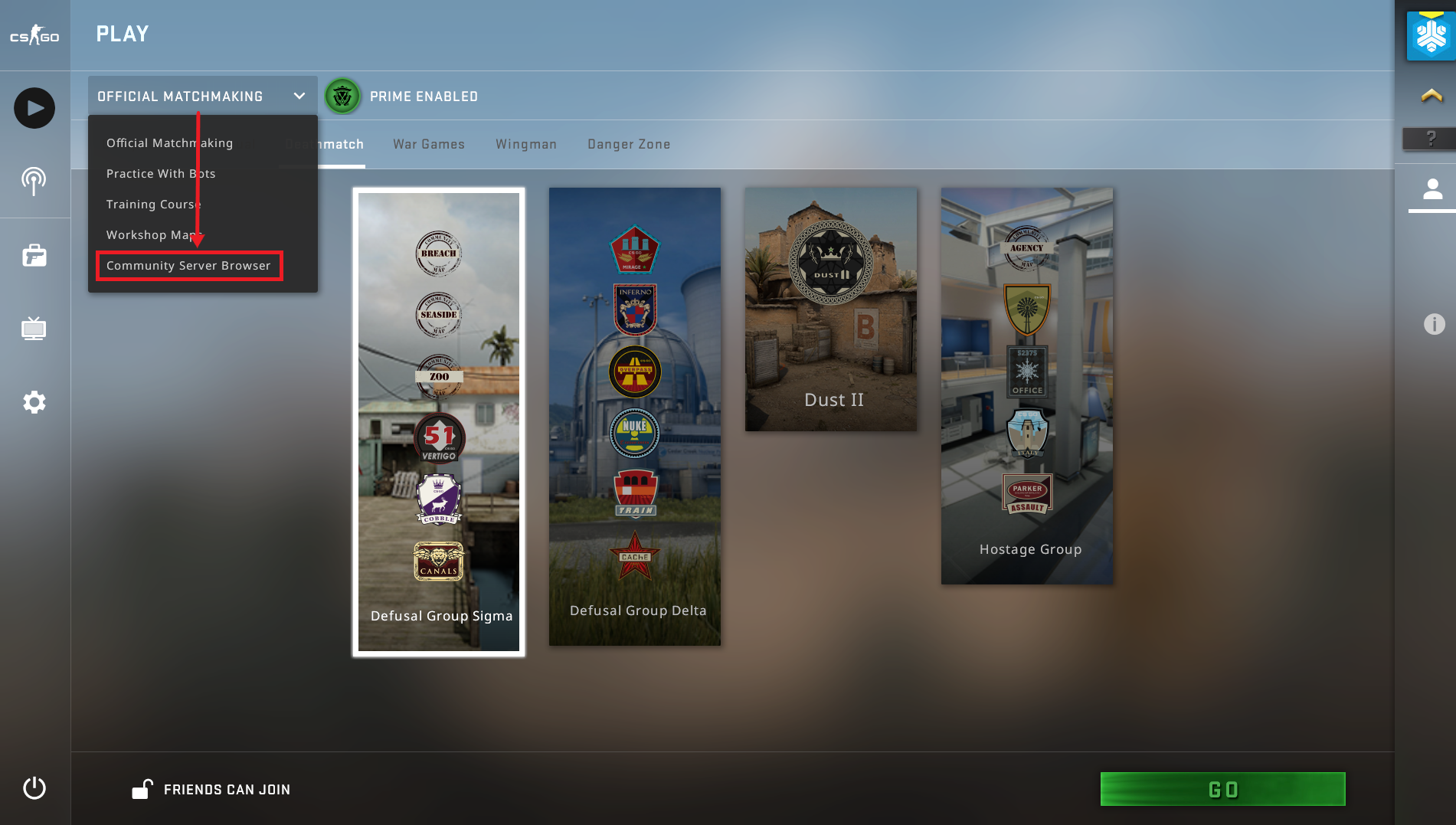 A view of the CSGO server menu, showing how to change the server listings