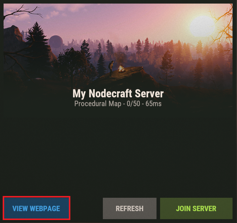 The View Webpage button in the Rust server listings hosted by Nodecraft