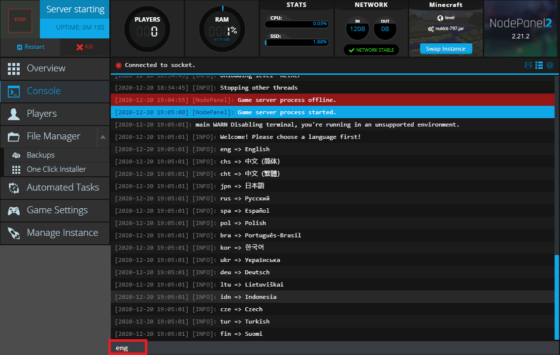 Selecting the language for Cloudburst in the Console of NodePanel