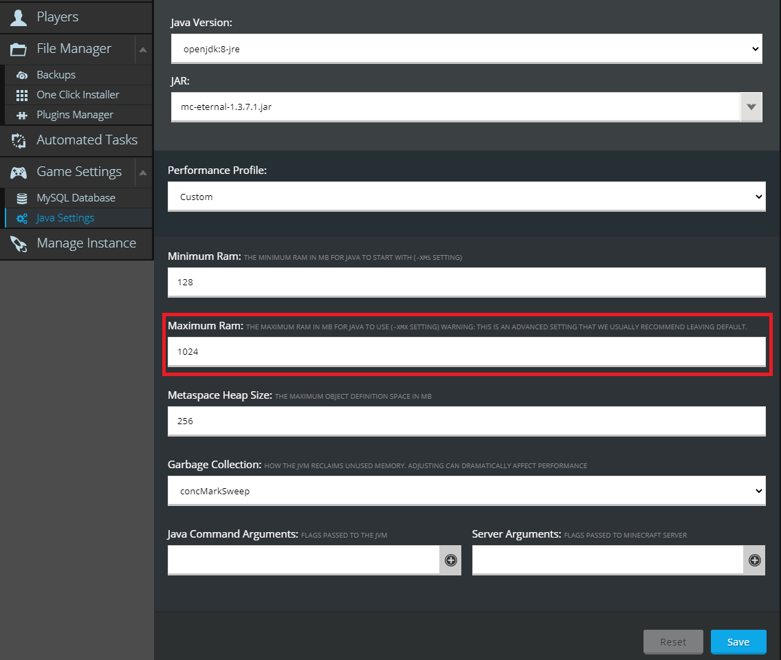 The Maximum Ram setting in NodePanel for Minecraft