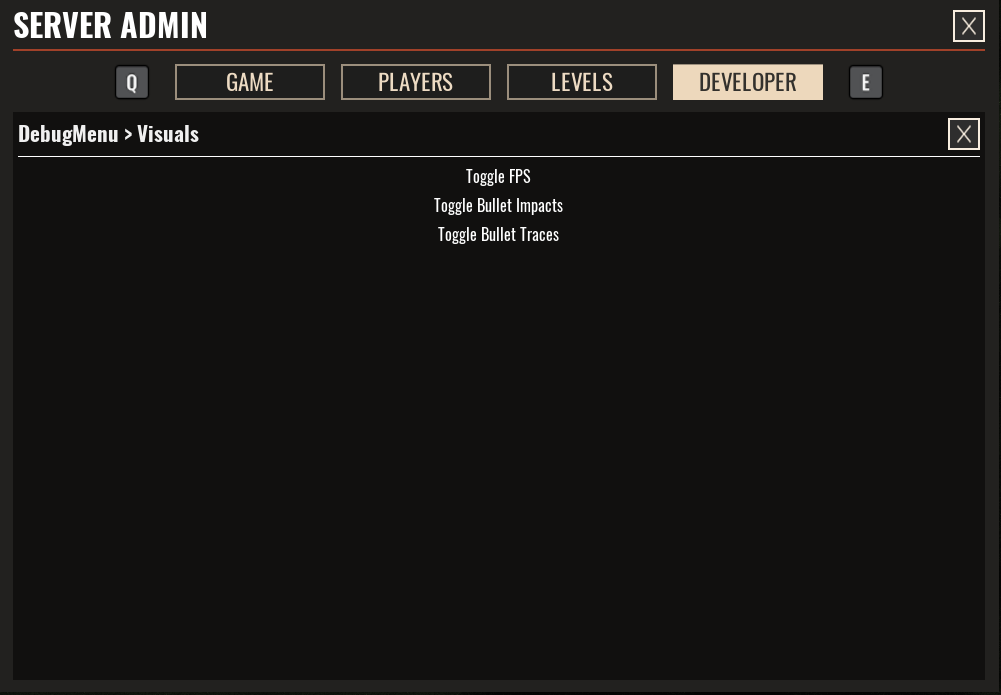 A view of the debugmenu visuals sub page of the Developer Admin Menu of Insurgency: Sandstorm