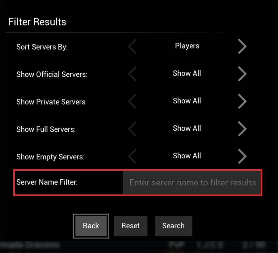 The server name filter for Day of Dragons