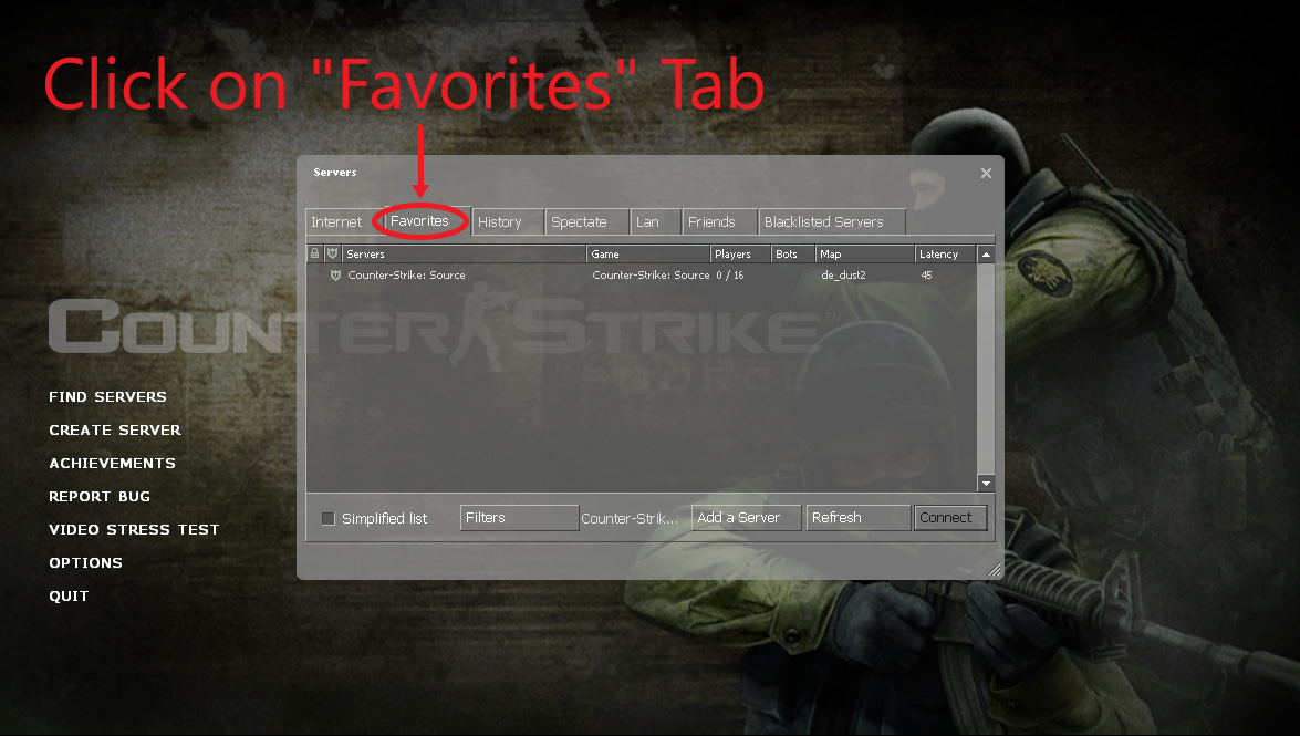 A view of the add servers window in Counter-Strike: Source