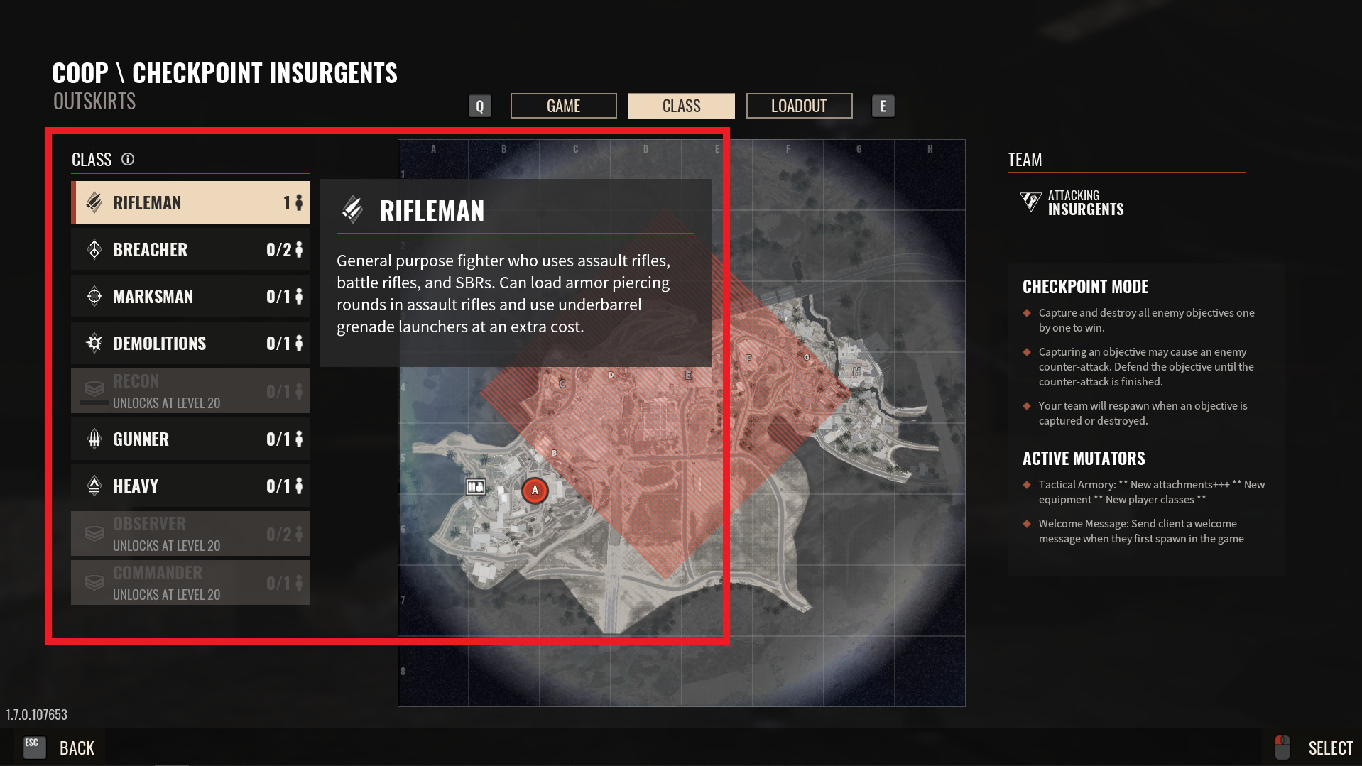 A view of the class selection screen for Insurgency: Sandstorm