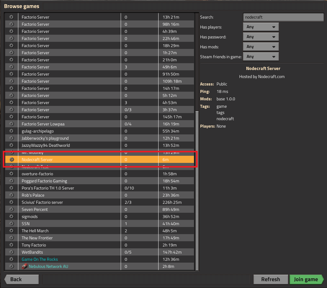 Factorio's in-game server listings, showing Nodecraft's Test server.