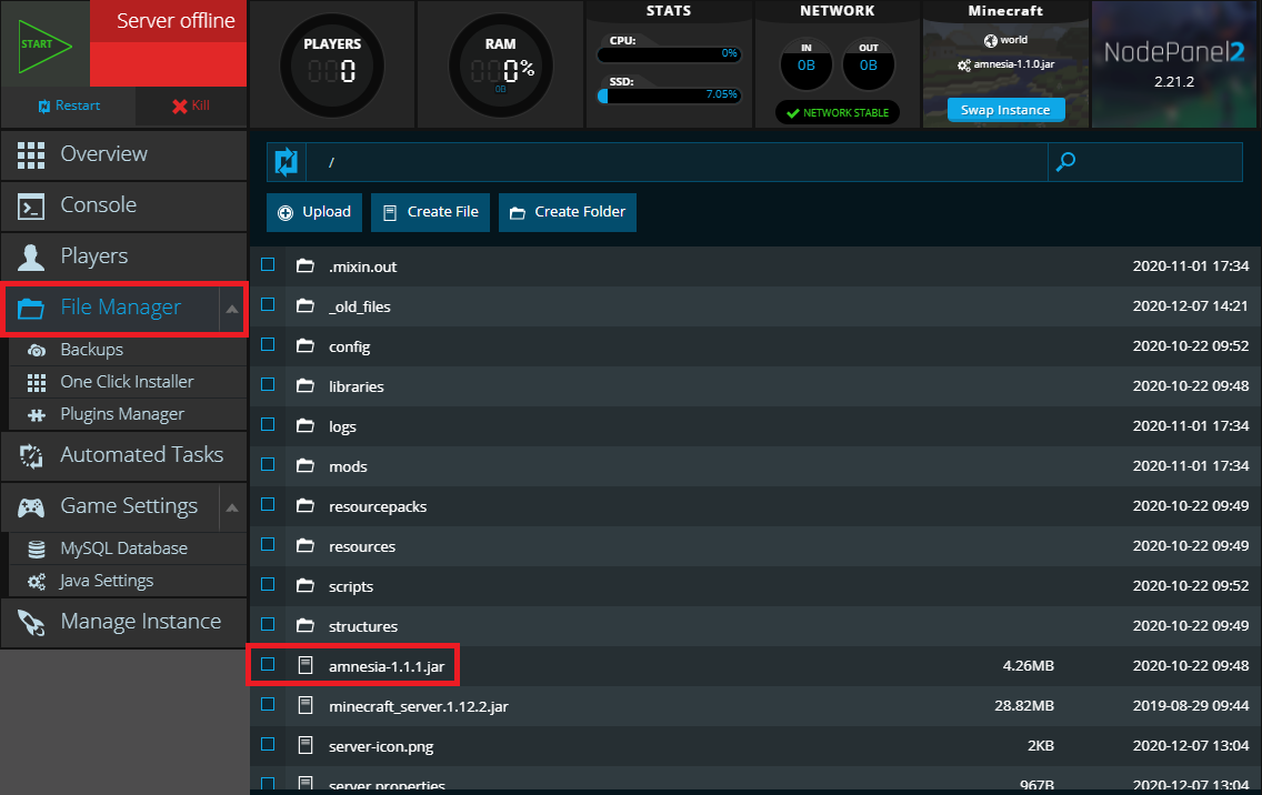 NodePanel's File Manager showing the forge jar file's correct name