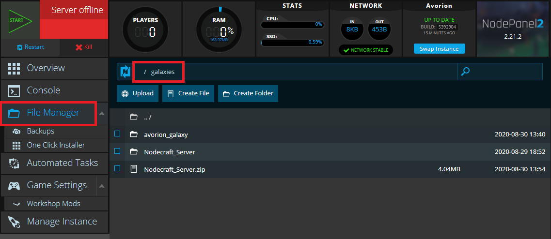 The Nodecraft control panel's File Manager showing the galaxies folder for an Avorion server