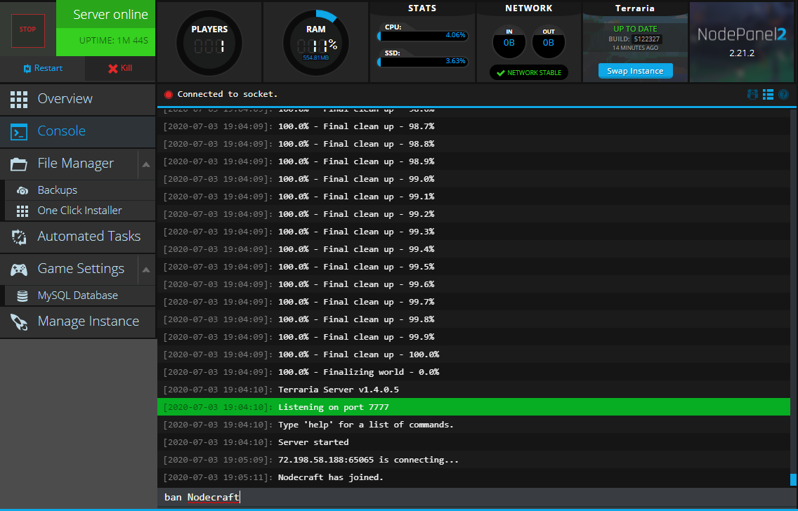 Nodecraft's Console showing the ban command in Terraria