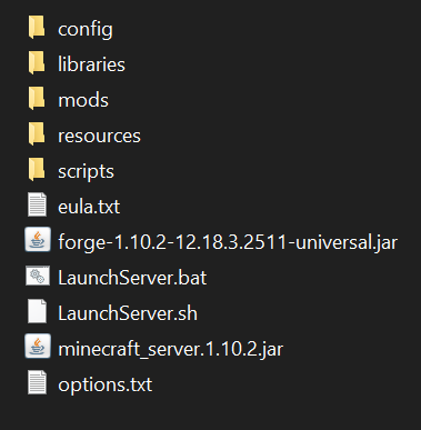 The contents of the unzipped modpack folder