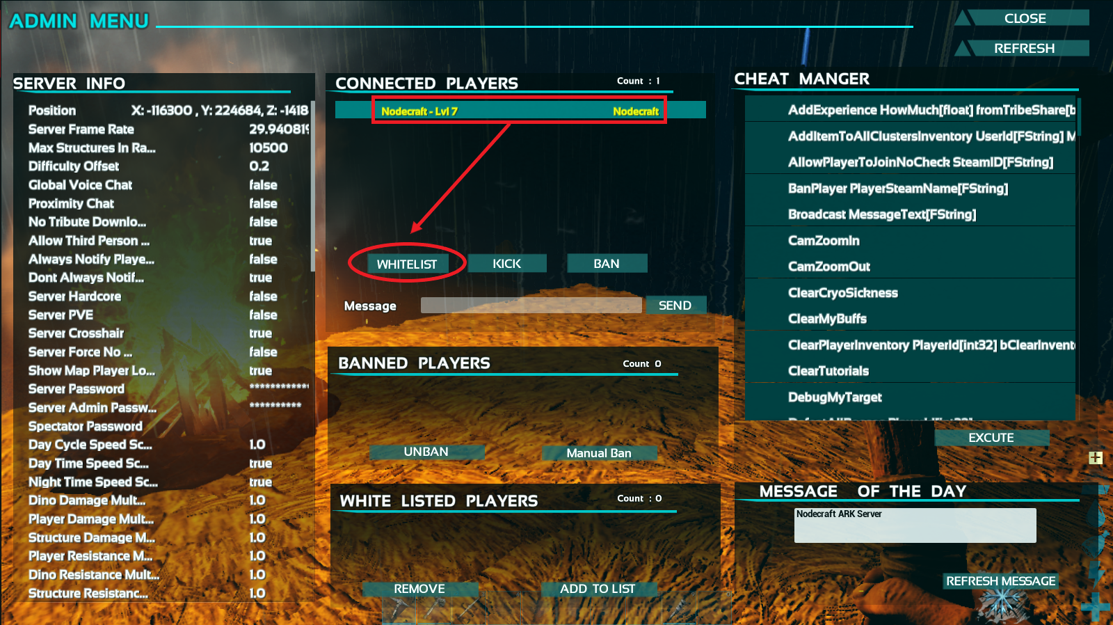 A view of the showmyadminmanager GUI in ark, and how to whitelist players