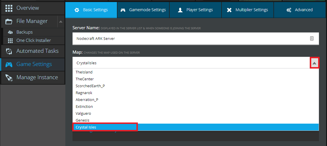 A view of the drop down menu on the Ark: Survival Evolved game setting page, for selecting the map on the server