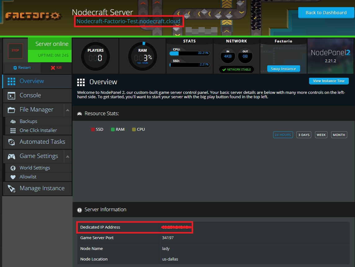 Nodecraft's Control Panel showing the Overview tab to find your hostname or dedicated IP address