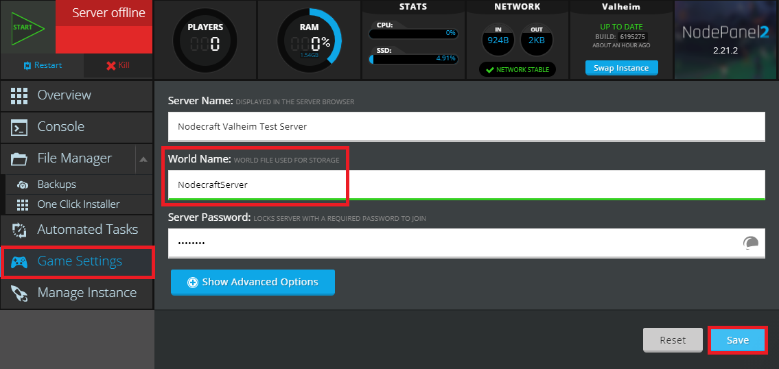 Changing the World Name setting for a Valheim server in NodePanel