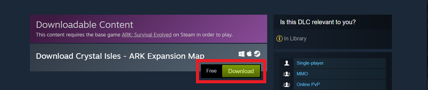 A view of the button to download the crystal Isles expansion map in Ark Survival Evolved