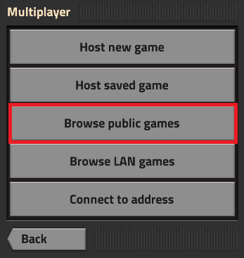 Factorio's Multiplayer menu showing you where the Browse public games button