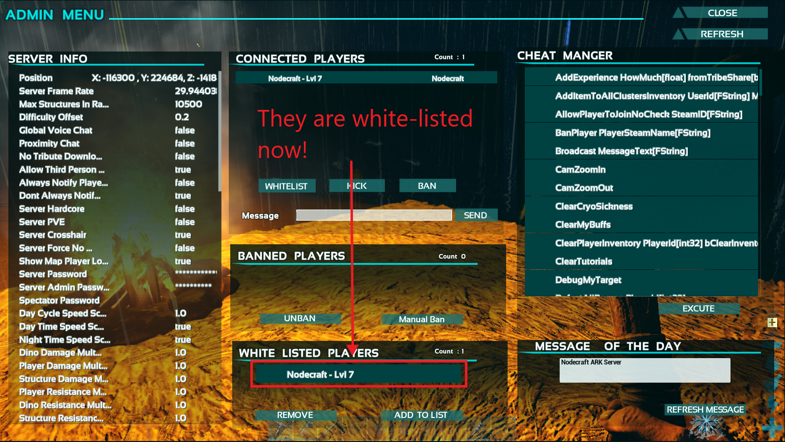 A view of the showmyadminmanager GUI in Ark, with a player successfully whitelisted